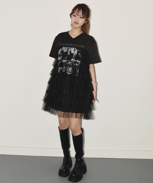 NANAHACHI(ナナハチ)の「チュールティアードフリル チュニック Tシャツ 半袖(Tシャツ/カットソー・レディース・ブラック/ホワイト/ベージュ・FREE)」の13枚目の写真