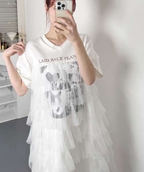 NANAHACHI(ナナハチ)の「チュールティアードフリル チュニック Tシャツ 半袖(Tシャツ/カットソー・レディース・ブラック/ホワイト/ベージュ・FREE)」の18枚目の写真