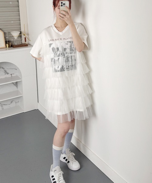 NANAHACHI(ナナハチ)の「チュールティアードフリル チュニック Tシャツ 半袖(Tシャツ/カットソー・レディース・ブラック/ホワイト/ベージュ・FREE)」の19枚目の写真