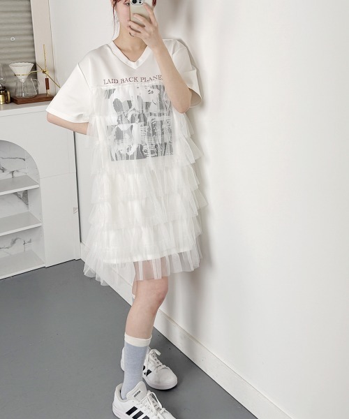 NANAHACHI(ナナハチ)の「チュールティアードフリル チュニック Tシャツ 半袖(Tシャツ/カットソー・レディース・ブラック/ホワイト/ベージュ・FREE)」の20枚目の写真