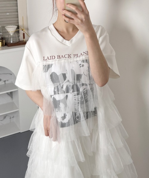 NANAHACHI(ナナハチ)の「チュールティアードフリル チュニック Tシャツ 半袖(Tシャツ/カットソー・レディース・ブラック/ホワイト/ベージュ・FREE)」の21枚目の写真