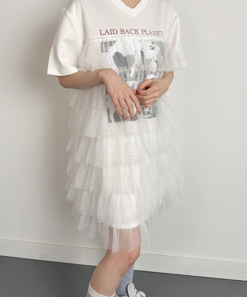NANAHACHI(ナナハチ)の「チュールティアードフリル チュニック Tシャツ 半袖(Tシャツ/カットソー・レディース・ブラック/ホワイト/ベージュ・FREE)」の22枚目の写真