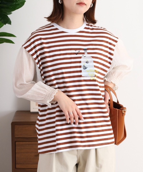 EMAGO ボトル刺繍袖ギャザーTシャツ（Tシャツ/カットソー