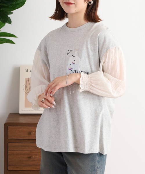 ボトル刺繍袖ギャザーTシャツ emago レディース トップス ナチュラル カジュアル 北欧 大人の 楽天市場】ボトル刺繍袖ギャザーTシャツ emago レディース