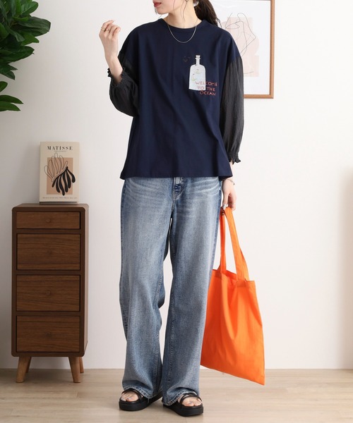 tシャツ EMAGO ボトル刺繍袖ギャザーＴシャツ レディース 楽天市場】ボトル刺繍袖ギャザーTシャツ emago レディース