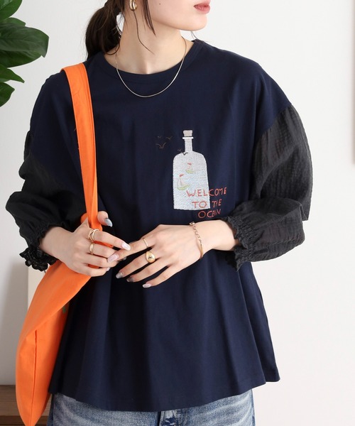 ボトル刺繍袖ギャザーTシャツ emago レディース トップス ナチュラル カジュアル 北欧 大人の 楽天市場】ボトル刺繍袖ギャザーTシャツ emago レディース