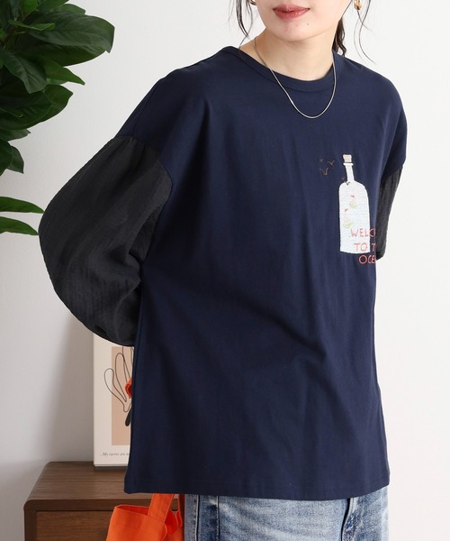 EMAGO ボトル刺繍袖ギャザーTシャツ（Tシャツ/カットソー