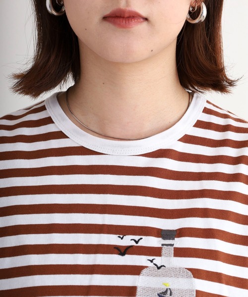 EMAGO ボトル刺繍袖ギャザーTシャツ（Tシャツ/カットソー