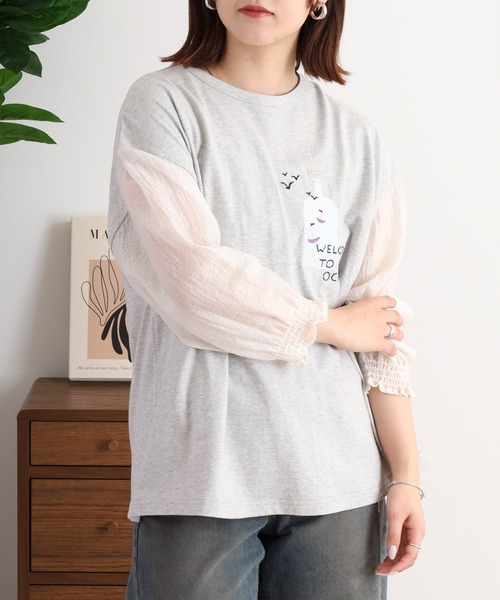 tシャツ EMAGO ボトル刺繍袖ギャザーＴシャツ レディース EMAGO ボトル刺繍袖ギャザーTシャツ（Tシャツ/カットソー