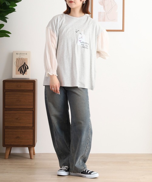 EMAGO ボトル刺繍袖ギャザーTシャツ（Tシャツ/カットソー