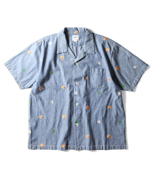 [HOUSTON] CHAMBRAY ALLOVER EMB S/S SHIRT — рубашка с вышивкой тигра и благословениями, открытая, жаккардовая