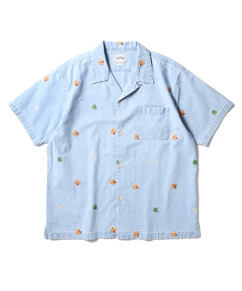 HOUSTON（ヒューストン）の「［HOUSTON ヒューストン］CHAMBRAY ALLOVER EMB S/S SHIRT シャンブレー 虎 福 総柄刺繍 オープンカラーシャツ / 開襟シャツ（シャツ/ブラウス・メンズ・ライトインディゴブルー/ワンウォッシュ・M/L/XL）」の3枚目の写真