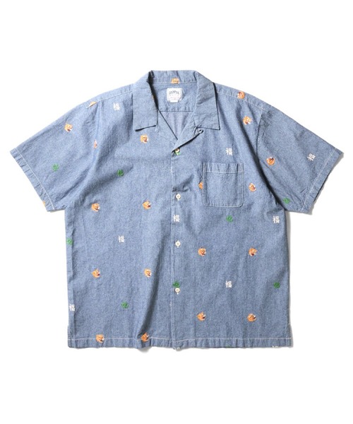 HOUSTON（ヒューストン）の「［HOUSTON ヒューストン］CHAMBRAY ALLOVER EMB S/S SHIRT シャンブレー 虎 福 総柄刺繍 オープンカラーシャツ / 開襟シャツ（シャツ/ブラウス・メンズ・ライトインディゴブルー/ワンウォッシュ・M/L/XL）」の6枚目の写真