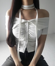 【 3color 】チョーカーロングタイ付き オフショルダータックギャザーTシャツ / choker long tie SET offshoulder tuck gather slim T-shirt