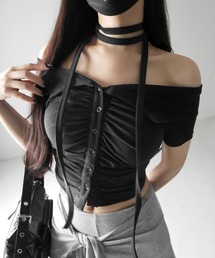 【 3color 】チョーカーロングタイ付き オフショルダータックギャザーTシャツ / choker long tie SET offshoulder tuck gather slim T-shirt