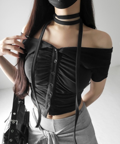 tシャツ オブリークショルダーギャザーシャツ Oblique Shoulder Gather Shirt レディース GATHER OFF SHOULDER TOPS(F WHITE): TOPSjosemoon