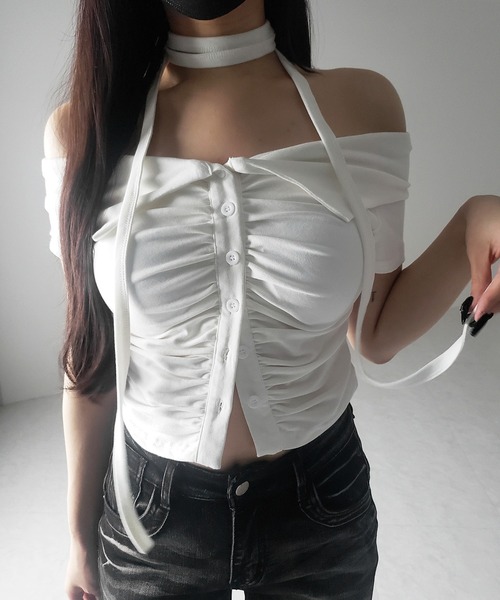 tシャツ オブリークショルダーギャザーシャツ Oblique Shoulder Gather Shirt レディース セール】【 3color 】チョーカーロングタイ付き オフショルダー