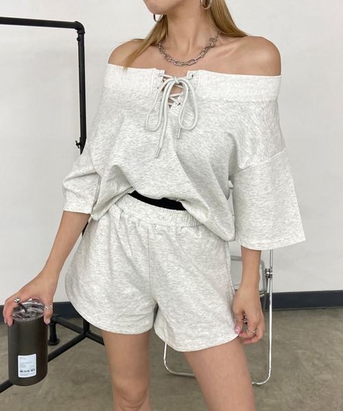 non-hedge（ノンヘッジ）の「スピンドルオフショルトップスショートパンツセットアップ（セットアップ・レディース・ブルー/オートミール/ブラック・FREE）」の3枚目の写真