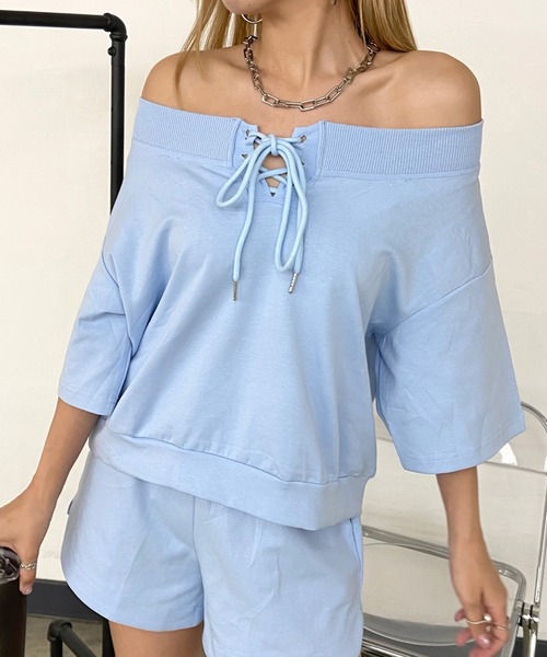 non-hedge（ノンヘッジ）の「スピンドルオフショルトップスショートパンツセットアップ（セットアップ・レディース・ブルー/オートミール/ブラック・FREE）」の20枚目の写真