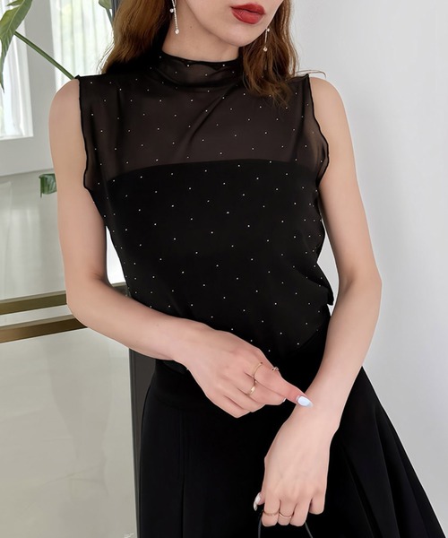 ROYAL PARTY(ロイヤルパーティー)の「キラキラシアーノースリーブトップス(Tシャツ/カットソー・レディース・オフホワイト/ブラック・FREE)」の2枚目の写真