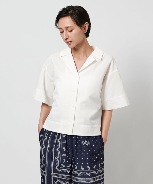 セール】エアリー オープンカラー 五分袖 シャツ WHITE（シャツ