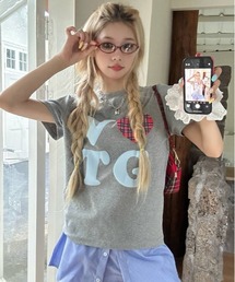 Y2K ハート チェックグラフィックプリントTシャツ