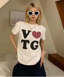 Y2K ハート チェックグラフィックプリントTシャツ