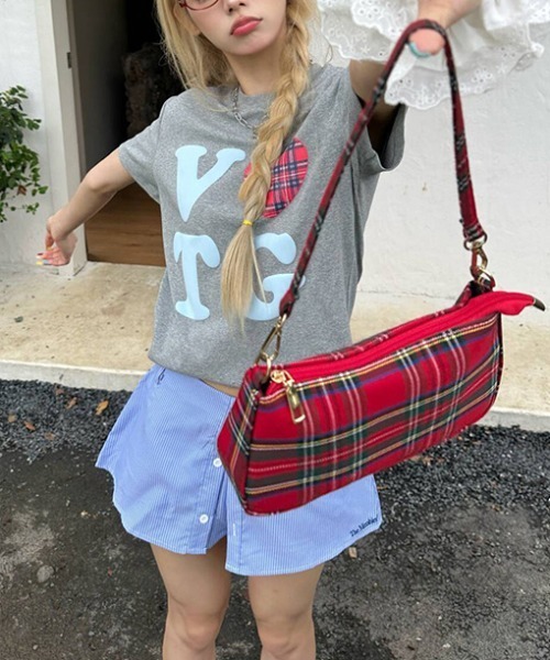 セール】Y2K ハート チェックグラフィックプリントTシャツ（T