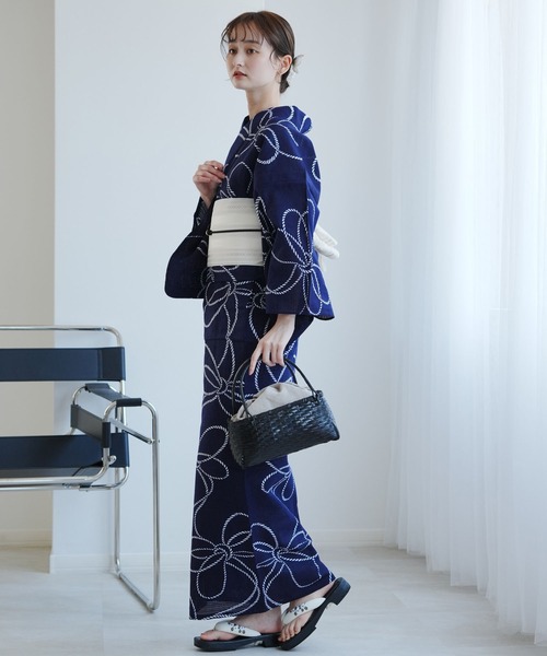 綿 浴衣 反物 綿絽 注染 本染め 青 1033 手染め注染浴衣3点セット utatane×注染工房 綿絽 紺地の綱結び