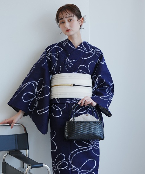 綿 浴衣 反物 綿絽 注染 本染め 青 1033 手染め注染浴衣3点セット utatane×注染工房 綿絽 紺地の綱結び