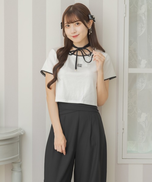 couture BY ROJITA（クチュールバイロジータ）の「リボンチョーカー刺繍Tシャツ（Tシャツ/カットソー・レディース・ブラック/ピンク/ホワイト・FREE）」の6枚目の写真