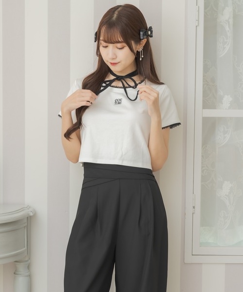 couture BY ROJITA（クチュールバイロジータ）の「リボンチョーカー刺繍Tシャツ（Tシャツ/カットソー・レディース・ブラック/ピンク/ホワイト・FREE）」の7枚目の写真