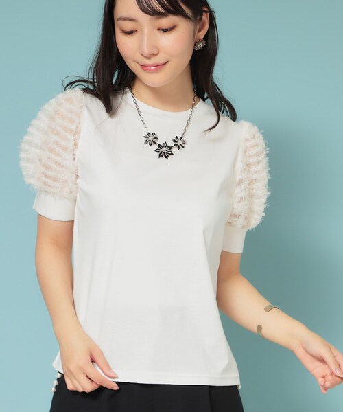Sunauna（スーナウーナ）の「【チュール袖】パフスリーブカットソー（Tシャツ/カットソー・レディース・サンドベージュ/ブラック/オフホワイト・40/38/36）」の2枚目の写真