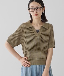 衿付きメッシュ編み半袖ニットプルオーバー