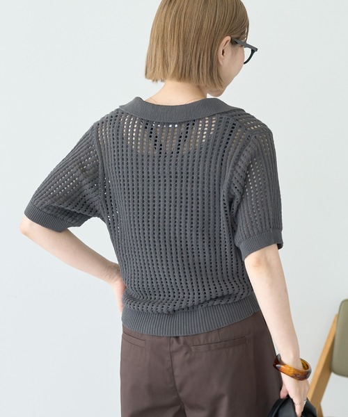 セール】衿付きメッシュ編み半袖ニットプルオーバー（ニット/セーター
