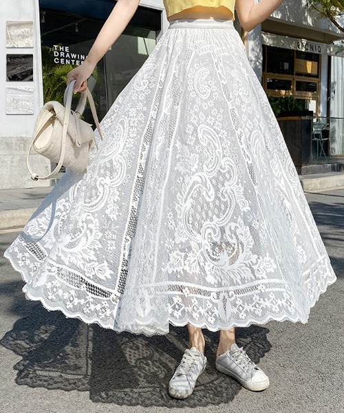 shoppinggo(ショッピングゴー)の「レース スカート レディース かわいい Aライン マキシ丈 フレアスカート フリル(スカート・レディース・ブラック/ベージュ/ホワイト・FREE)」の4枚目の写真