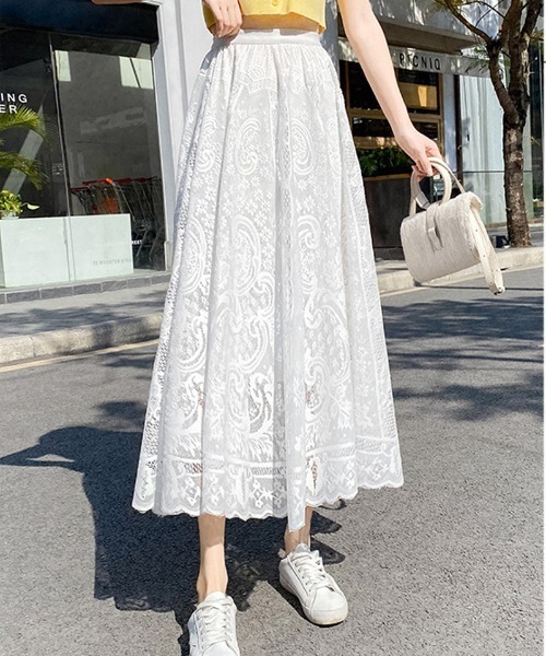 shoppinggo(ショッピングゴー)の「レース スカート レディース かわいい Aライン マキシ丈 フレアスカート フリル(スカート・レディース・ブラック/ベージュ/ホワイト・FREE)」の14枚目の写真