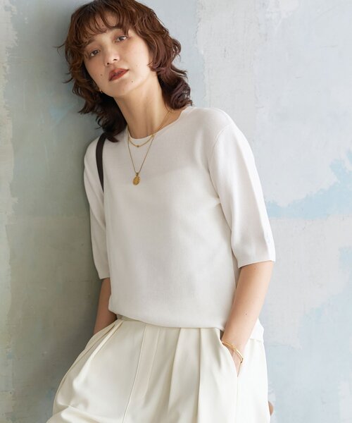 RIVE DROITE(リヴドロワ)の「【接触冷感】ゴブソデニットTee(ニット/セーター・レディース・オフホワイト/ブラック/バーガンディー・FREE)」の1枚目の写真