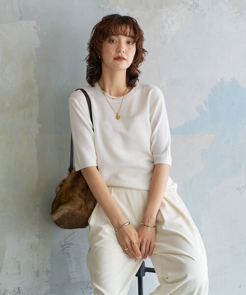 RIVE DROITE(リヴドロワ)の「【接触冷感】ゴブソデニットTee(ニット/セーター・レディース・オフホワイト/ブラック/バーガンディー・FREE)」の8枚目の写真