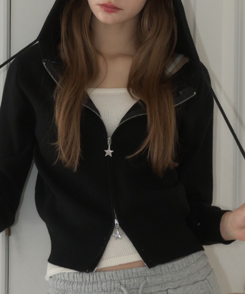 Birthday room（バースデイルーム）の「スターダブルジップニットパーカー/Star double zip knit hoodie（パーカー・レディース・グレー/アイボリー/ライトブルー/ブラック・FREE）」の3枚目の写真