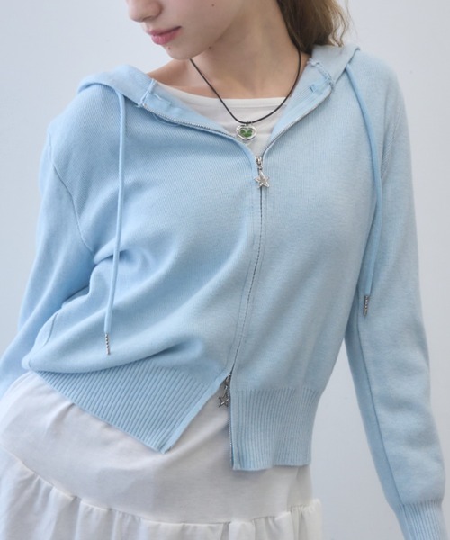 極美品✨フォクシー HoodieFanニットパーカー ダブルジップ アイスブルー 極美品✨フォクシー HoodieFanニットパーカー ダブルジップ