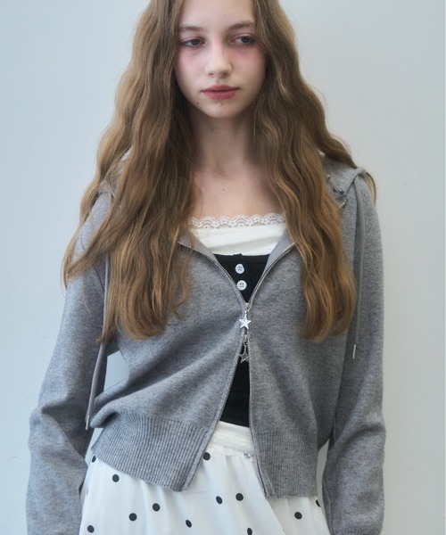 スターダブルジップニットパーカー/Star double zip knit hoodie