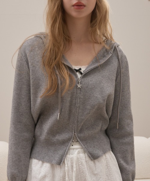 スターダブルジップニットパーカー/Star double zip knit hoodie