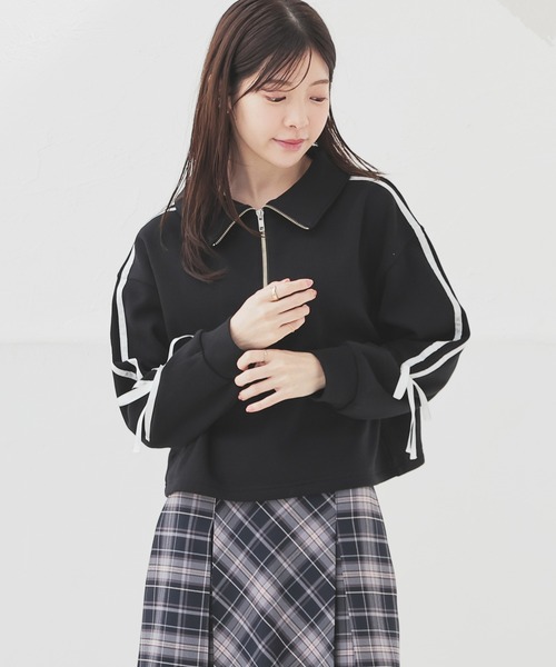 Honeys（ハニーズ）の「【ハニぽか】ハーフジップトップス（スウェット・レディース・ブラック/アイボリー/オートミール/ピンク・SS/S/M/L）」の5枚目の写真