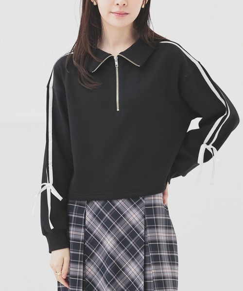 Honeys（ハニーズ）の「【ハニぽか】ハーフジップトップス（スウェット・レディース・ブラック/アイボリー/オートミール/ピンク・SS/S/M/L）」の6枚目の写真