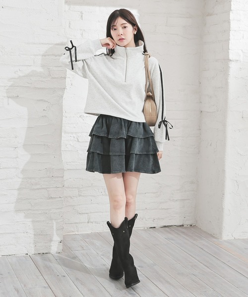 Honeys（ハニーズ）の「【ハニぽか】ハーフジップトップス（スウェット・レディース・ブラック/アイボリー/オートミール/ピンク・SS/S/M/L）」の12枚目の写真