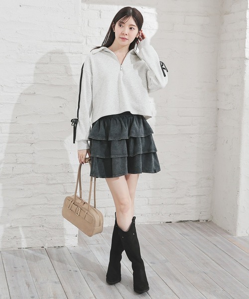 Honeys（ハニーズ）の「【ハニぽか】ハーフジップトップス（スウェット・レディース・ブラック/アイボリー/オートミール/ピンク・SS/S/M/L）」の14枚目の写真