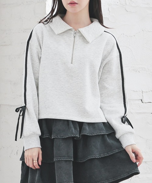 Honeys（ハニーズ）の「【ハニぽか】ハーフジップトップス（スウェット・レディース・ブラック/アイボリー/オートミール/ピンク・SS/S/M/L）」の18枚目の写真