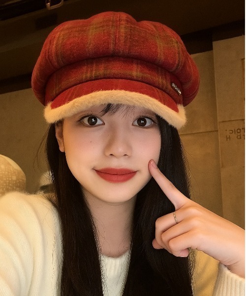 セール】チェック柄 もこもこ ボアキャスケット（ハンチング/ベレー帽