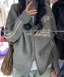 袖ライン入りダブルジップニットカーディガン